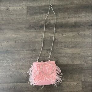 Pink Feathered Handbag with Silver Chain